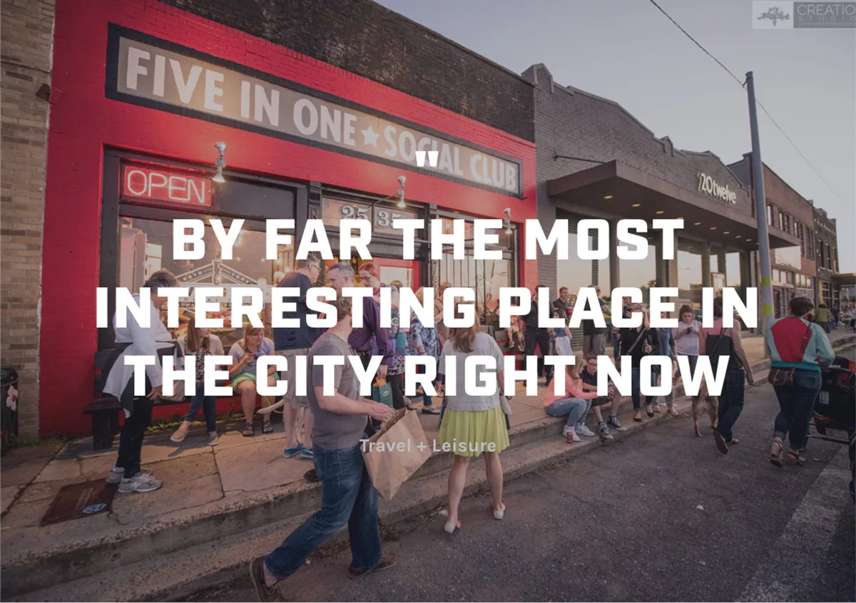The scene features the red building of 'FIVE IN ONE SOCIAL CLUB' with a crowd gathered outside under a warmly lit open sign. The sense of social activity and the iconic signage connect to a specific recommendation from the section content.
