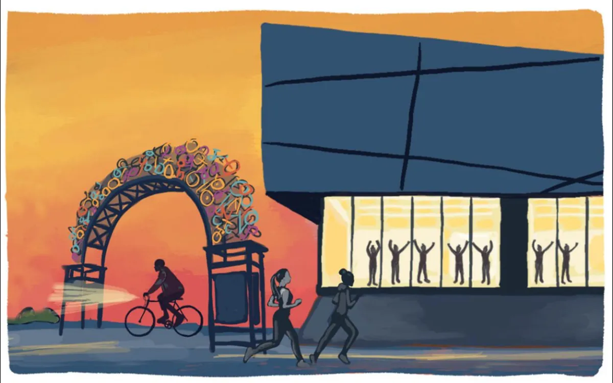 This image displays a colorful archway, runners in motion, and a modern building in the background. The setting is energetic, emphasizing outdoor activities, community events, and the vibrancy of the neighborhood.